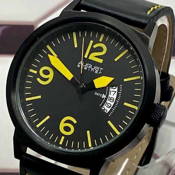 August Steiner Bold Black & Yellow Watch Leather Strap Contrast Stitching - Picture 3 of 16